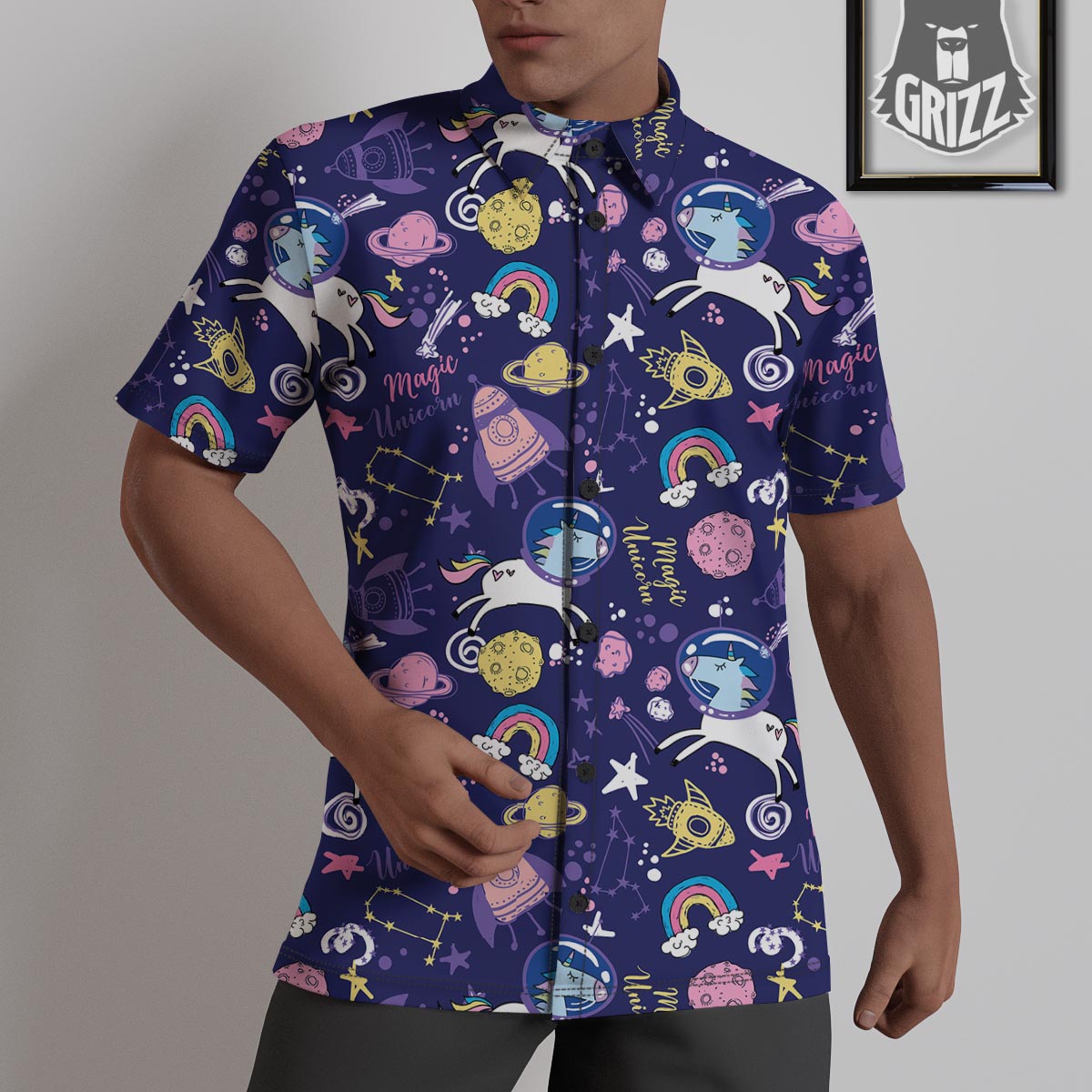 Unicorn Space Astronaut Print Pattern Untucked Shirts-grizzshop