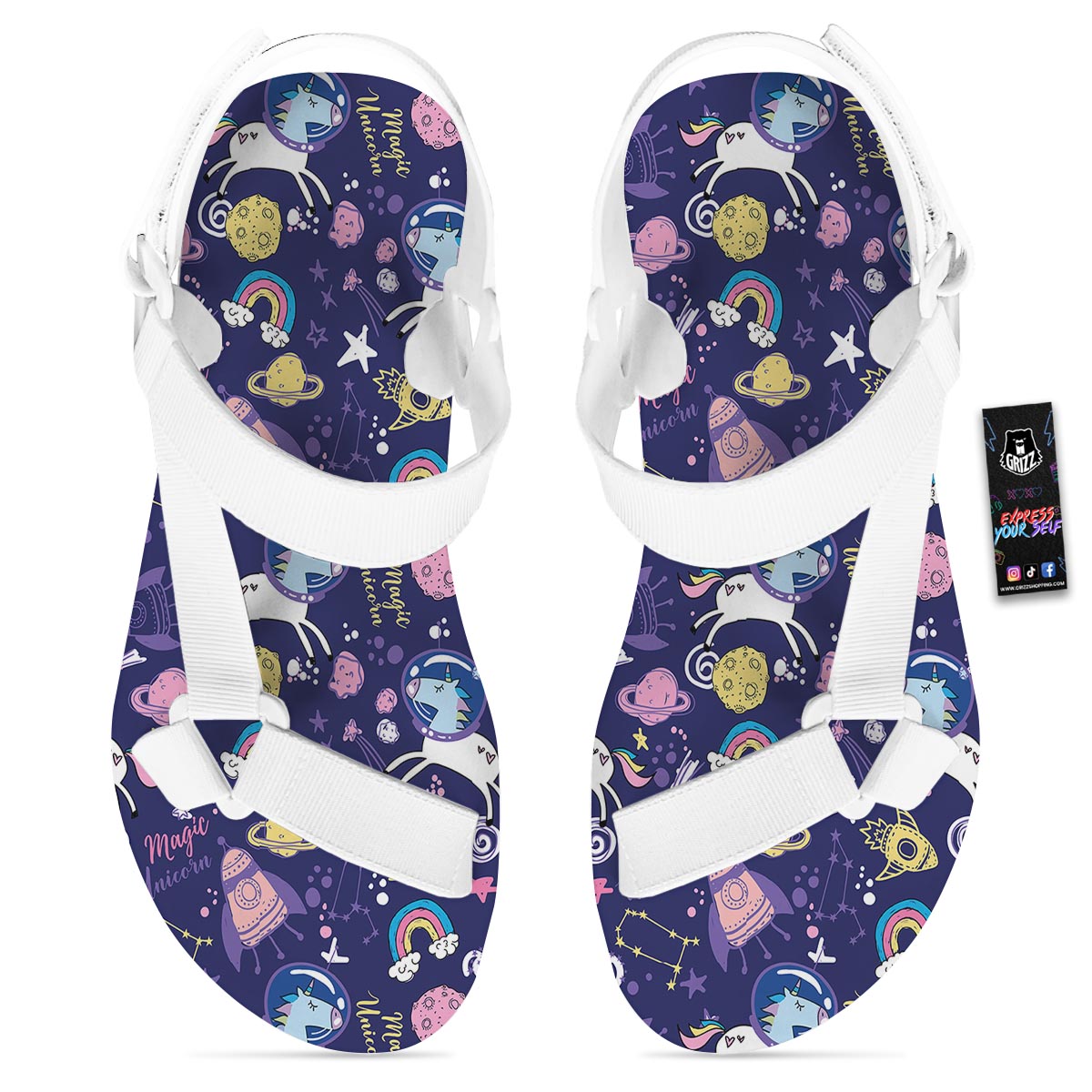 Unicorn Space Astronaut Print Pattern White Open Toe Sandals-grizzshop