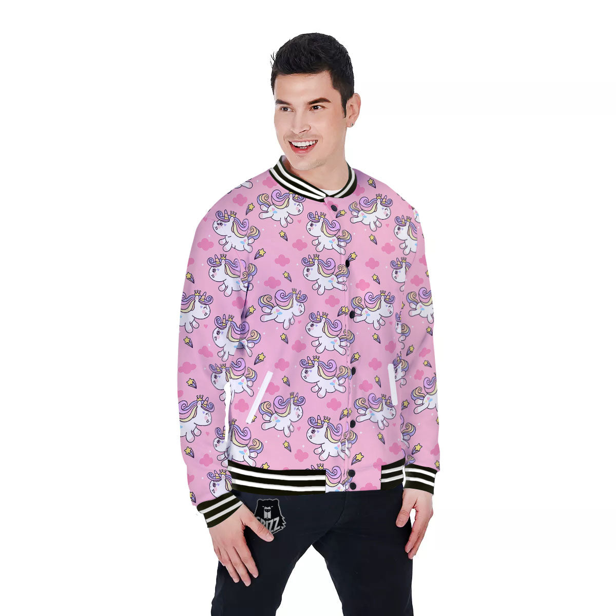 Unicorn White Girly Print Pattern Baseball Jacket-grizzshop