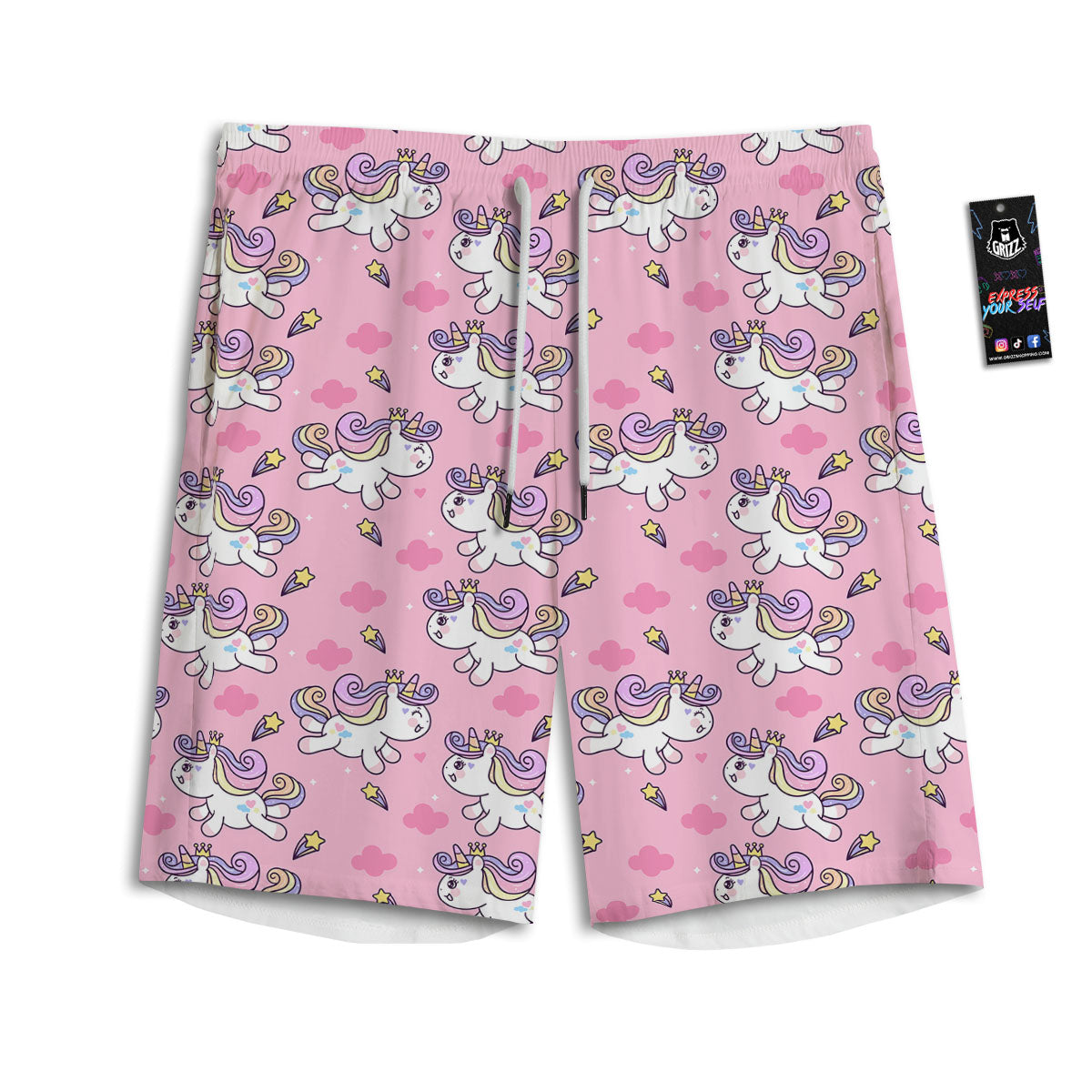 Unicorn White Girly Print Pattern Men's Athletic Shorts