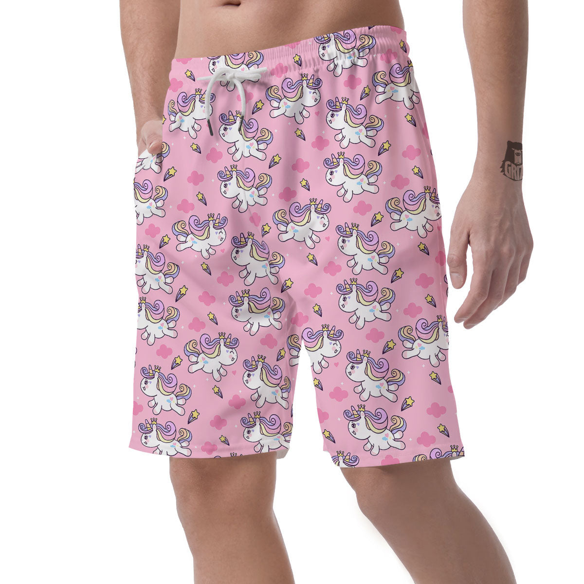 Unicorn White Girly Print Pattern Men's Shorts-grizzshop