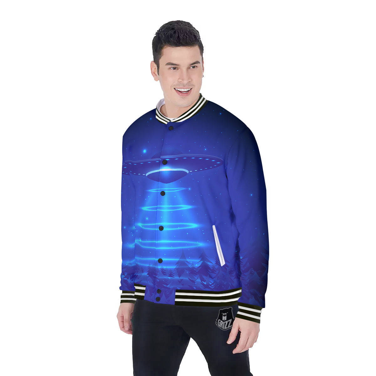 Unidentified Flying Object Blue Print Baseball Jacket-grizzshop