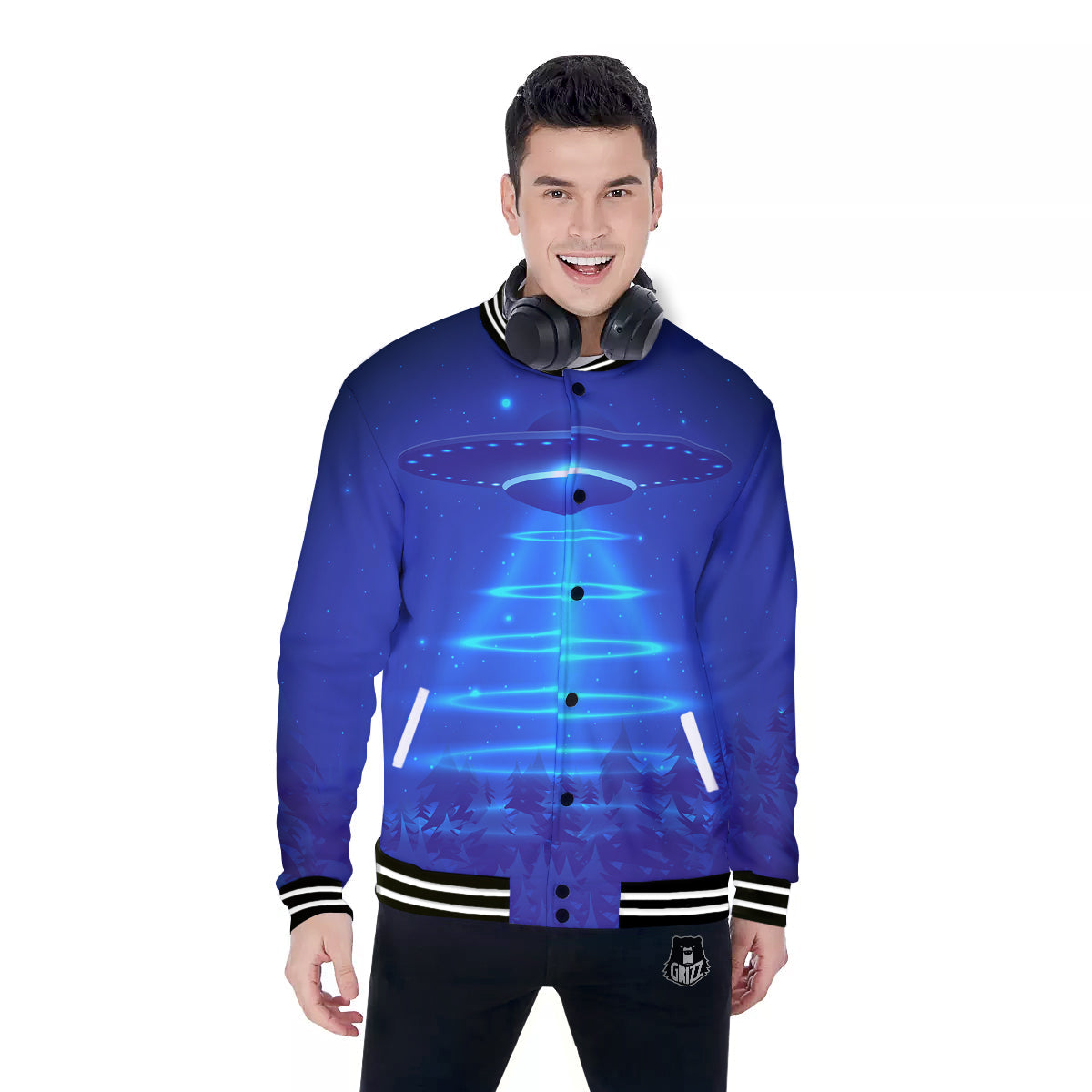 Unidentified Flying Object Blue Print Baseball Jacket-grizzshop