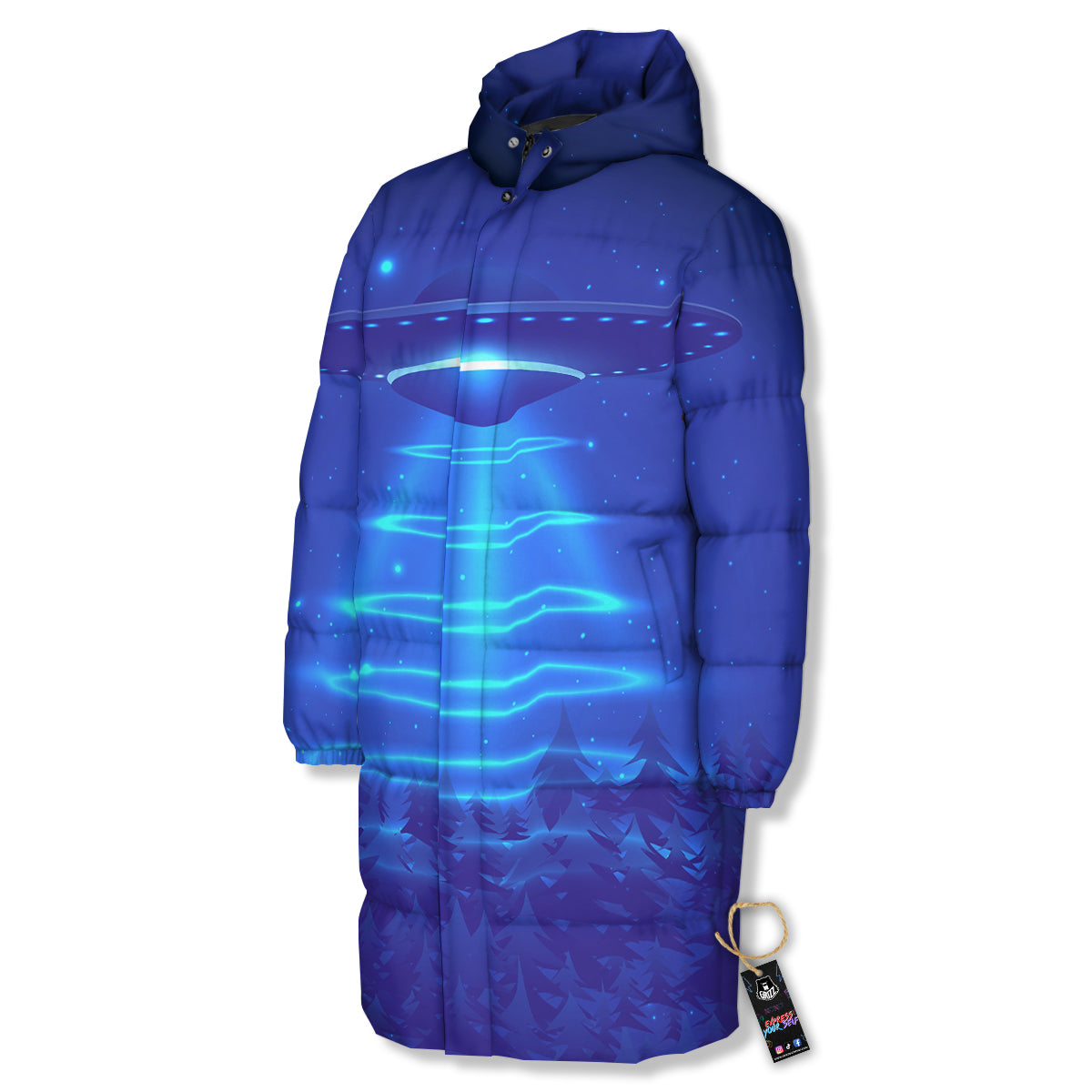 Unidentified Flying Object Blue Print Long Down Jacket-grizzshop