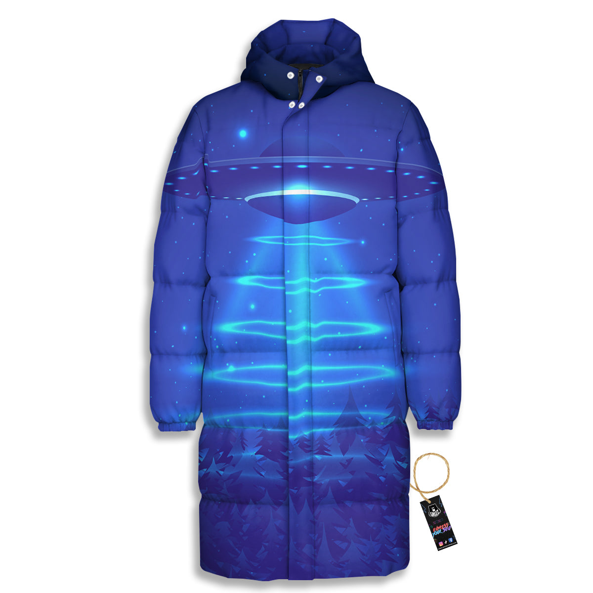 Unidentified Flying Object Blue Print Long Down Jacket-grizzshop