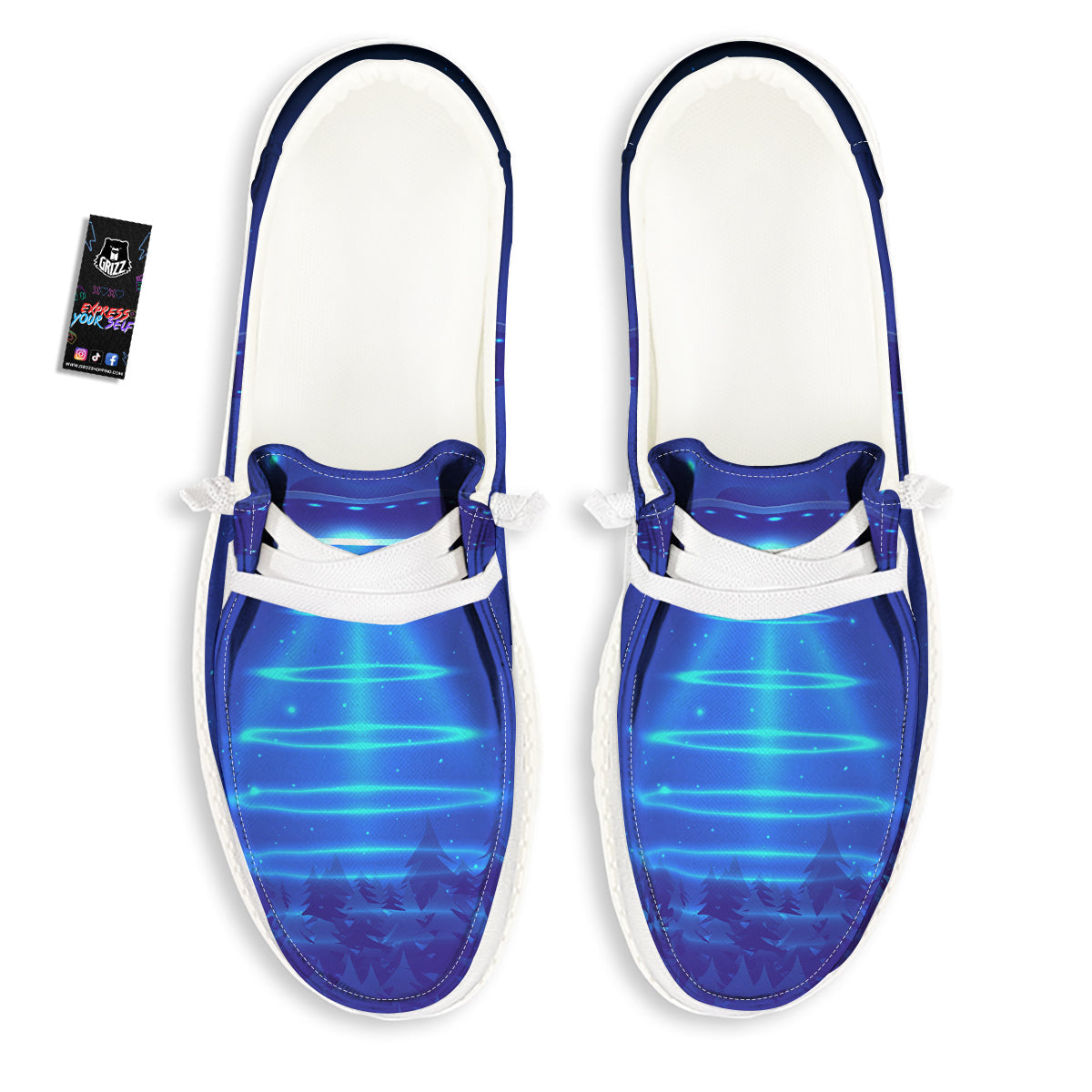 Unidentified Flying Object Blue Print White Loafers-grizzshop