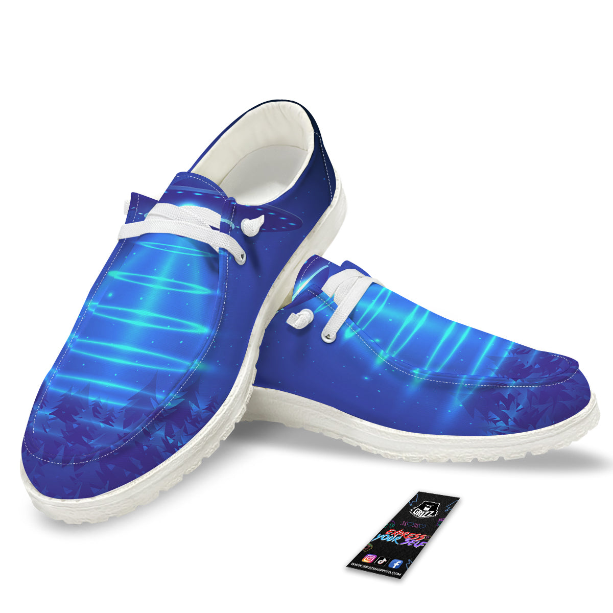 Unidentified Flying Object Blue Print White Loafers-grizzshop