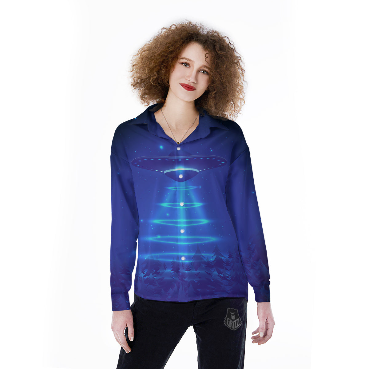 Unidentified Flying Object Blue Print Women's Long Sleeve Shirts-grizzshop