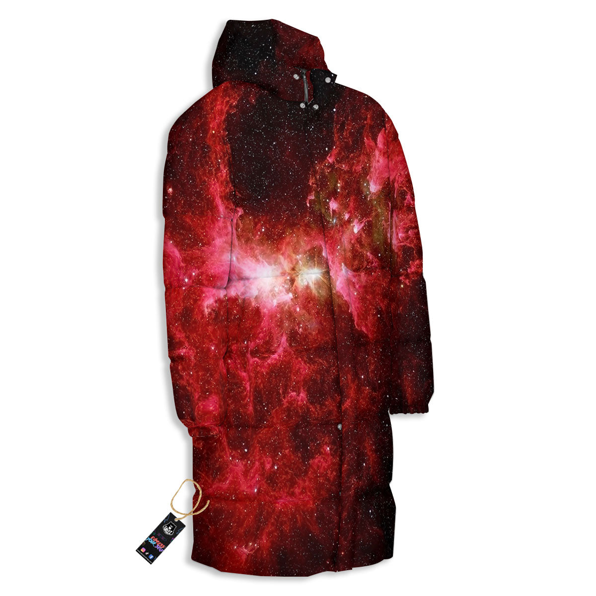 Universe Galaxy Space Red Stardust Print Long Down Jacket