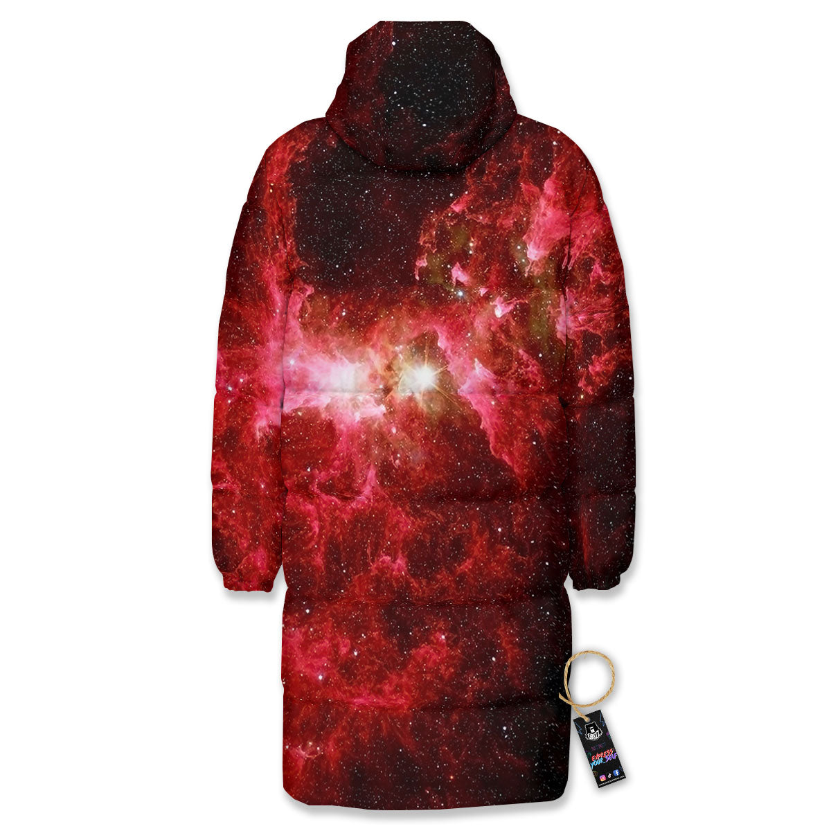 Universe Galaxy Space Red Stardust Print Long Down Jacket