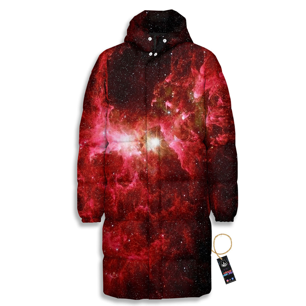 Universe Galaxy Space Red Stardust Print Long Down Jacket