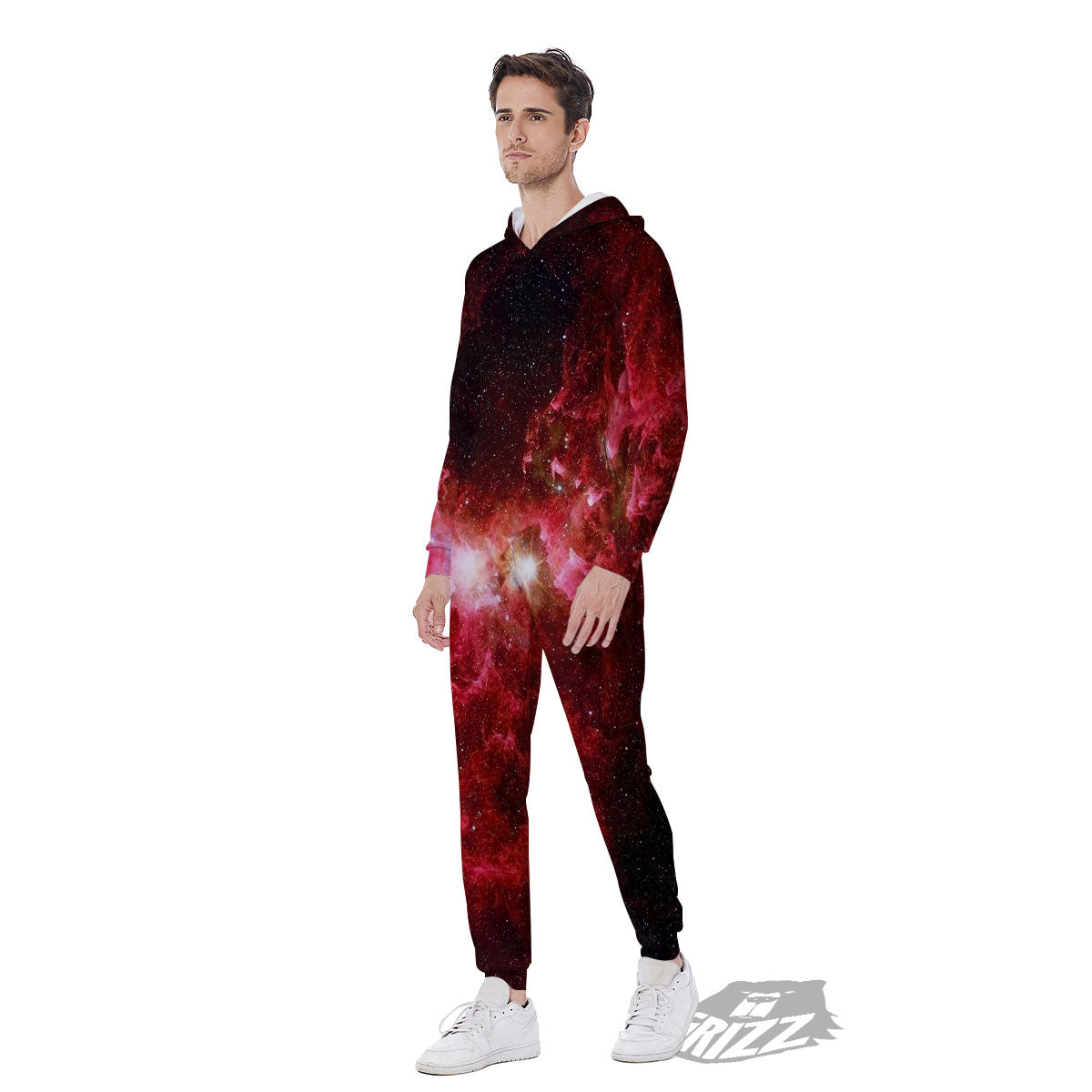 Universe Galaxy Space Red Stardust Print Men's Jumpsuit-grizzshop