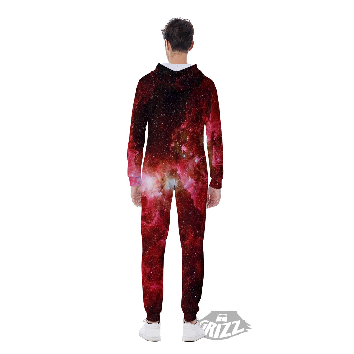 Universe Galaxy Space Red Stardust Print Men's Jumpsuit-grizzshop
