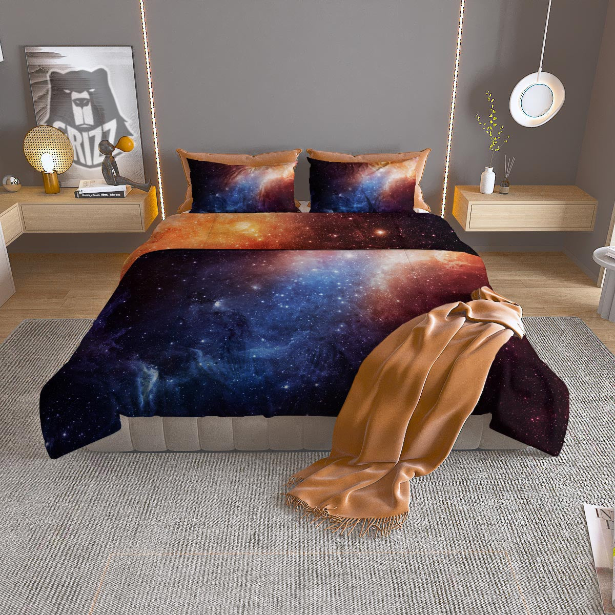 Universe Galaxy Space Teal Orange Print Duvet Cover Bedding Set