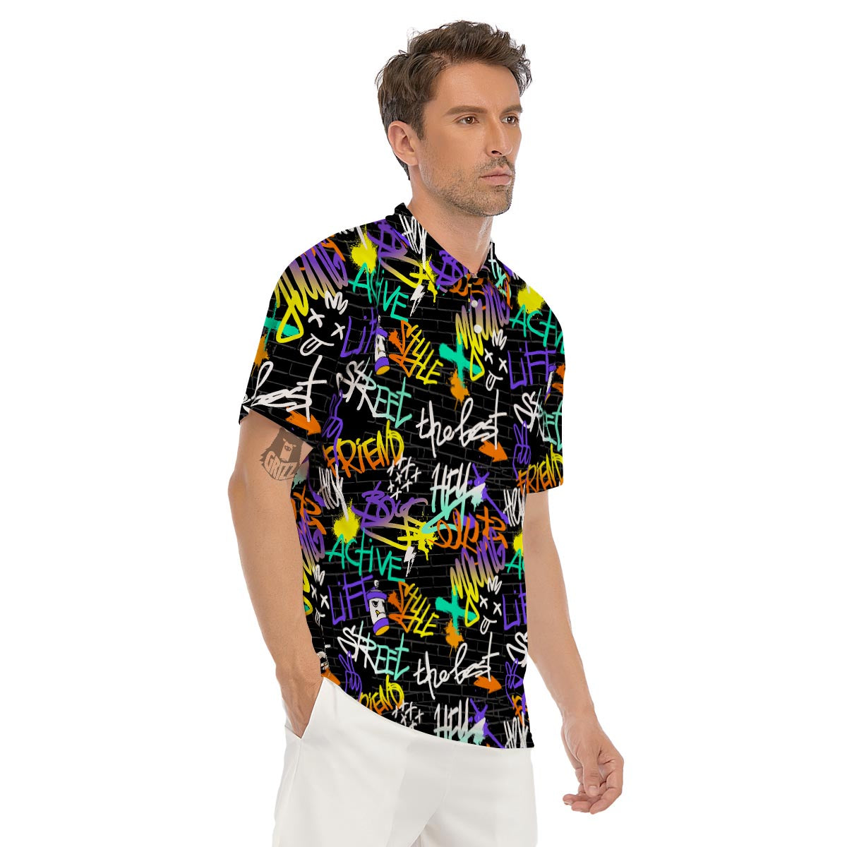 Urban Graffiti Print Men's Golf Shirts-grizzshop