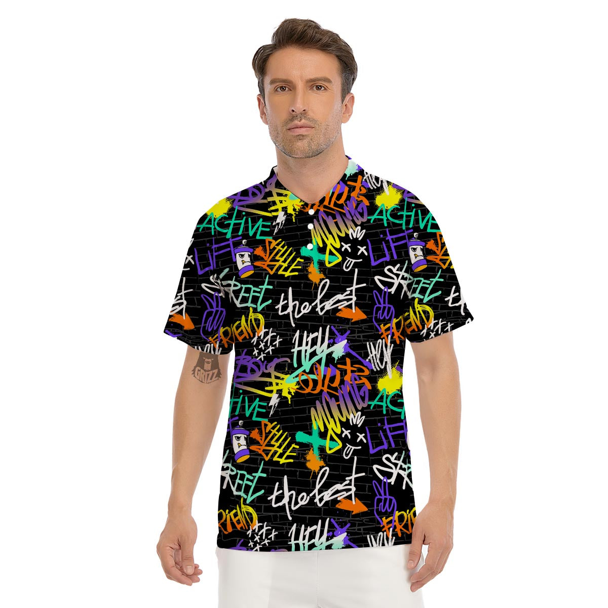 Urban Graffiti Print Men's Golf Shirts-grizzshop