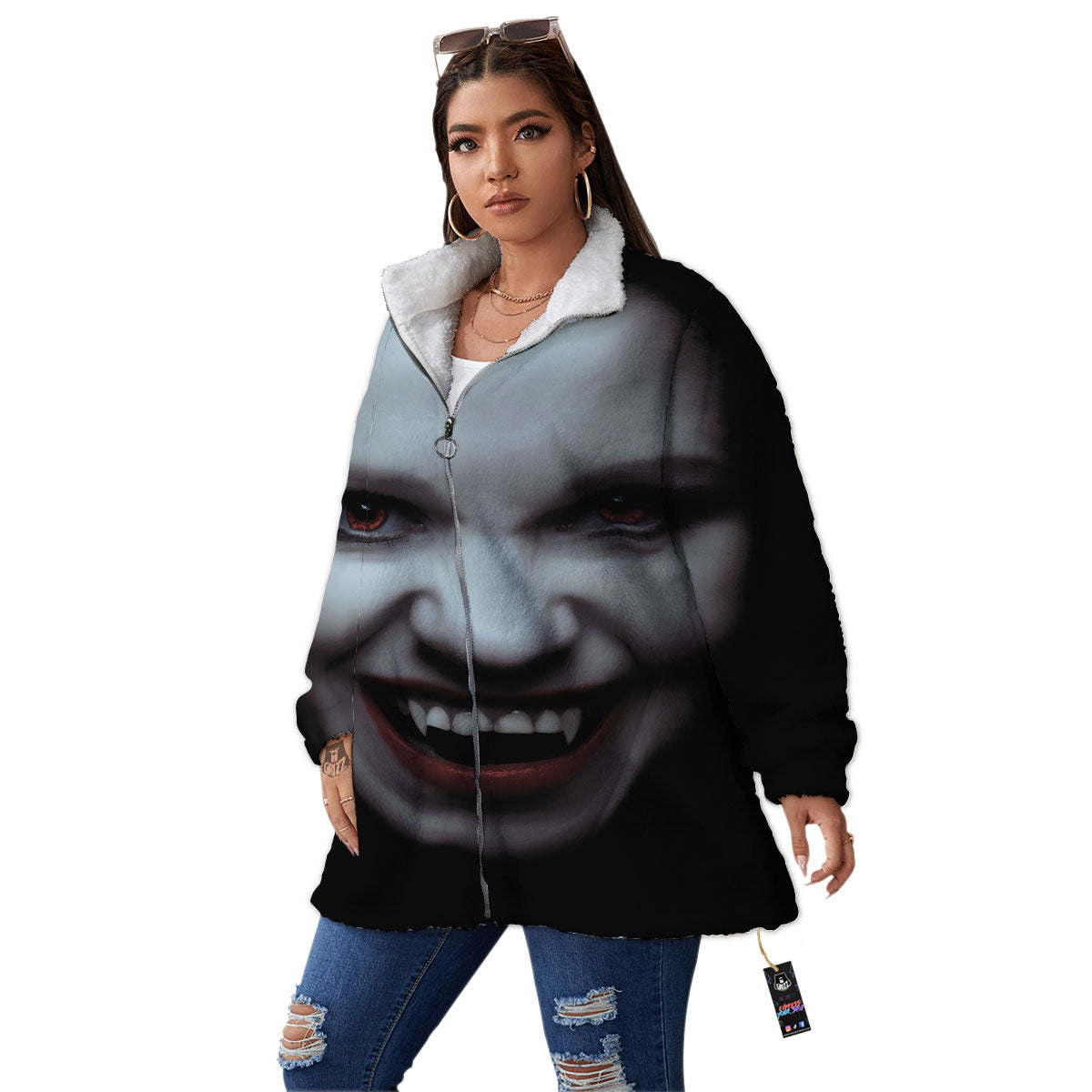 Vampire Girl Halloween Print Women's Sherpa Jacket-grizzshop