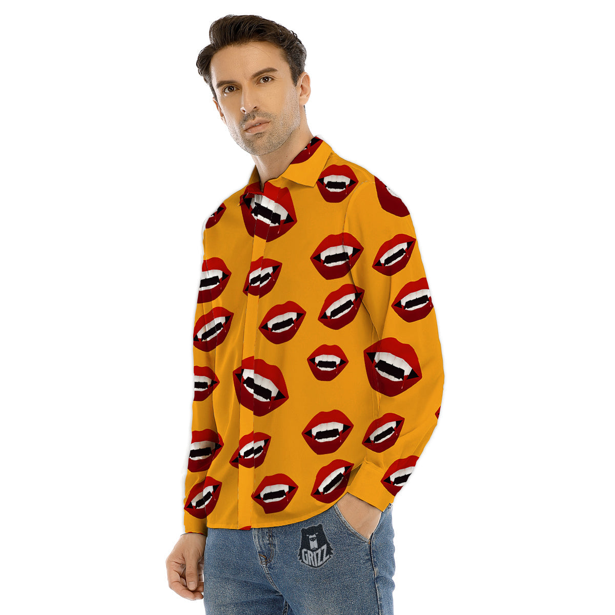 Vampire Lips Halloween Print Pattern Men's Dress Shirts-grizzshop