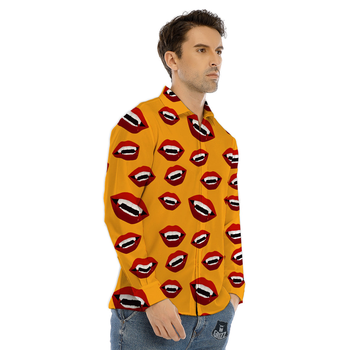 Vampire Lips Halloween Print Pattern Men's Dress Shirts-grizzshop