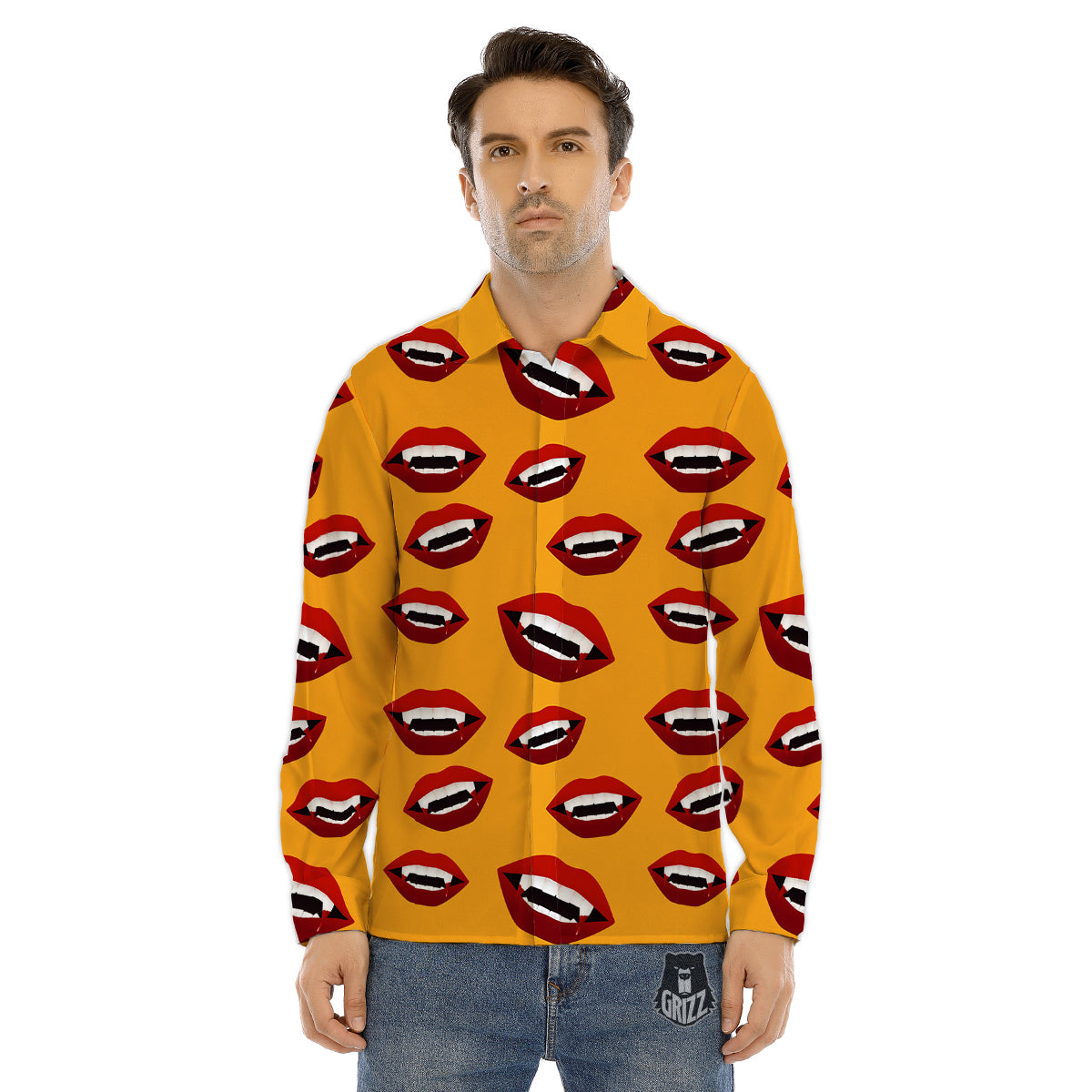 Vampire Lips Halloween Print Pattern Men's Dress Shirts-grizzshop