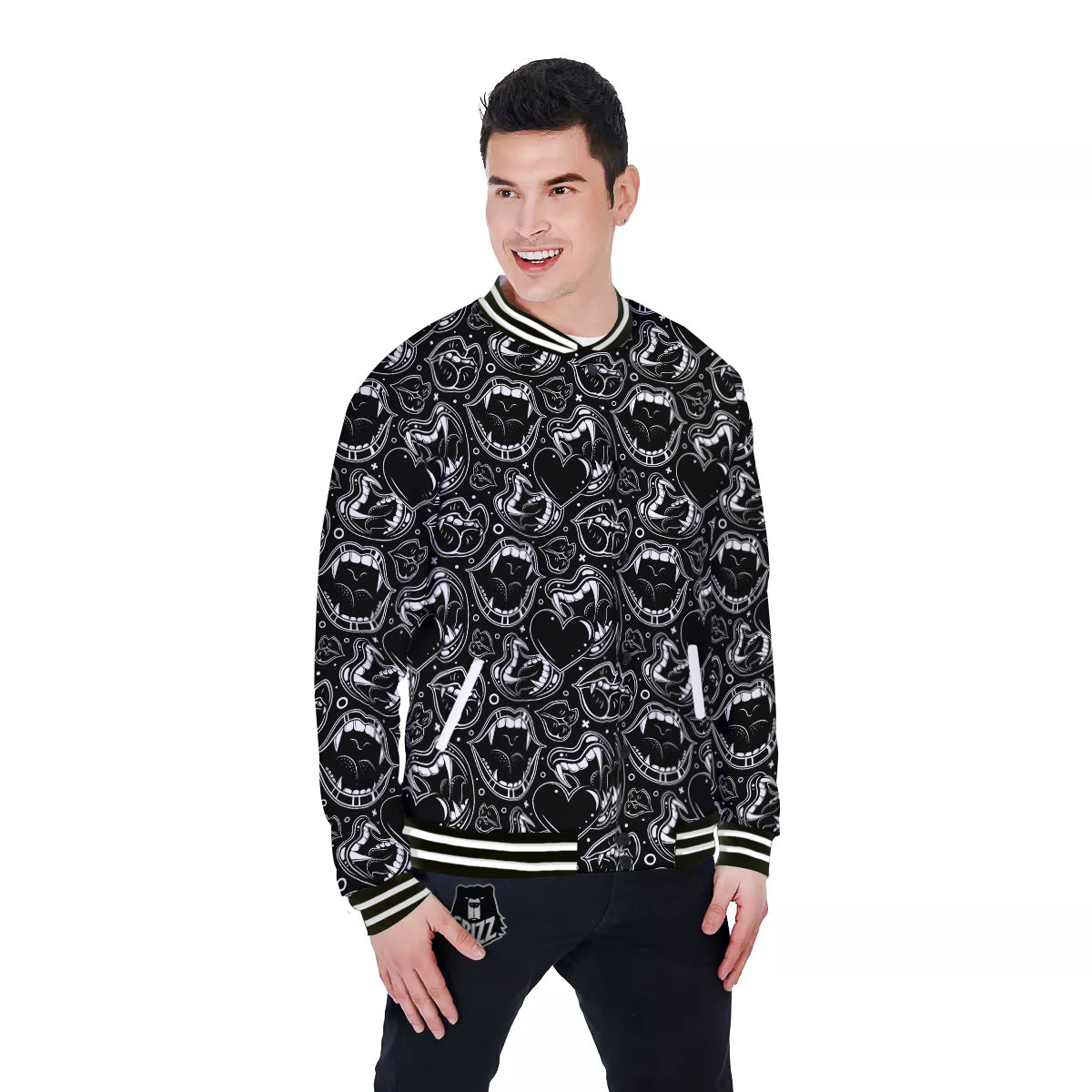 Vampire Mouth Black and White Print Pattern Baseball Jacket-grizzshop