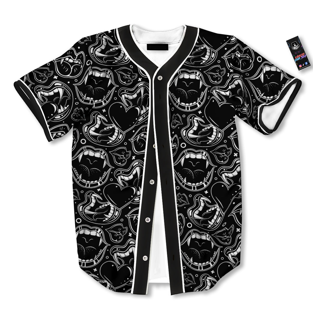 Vampire Mouth Black and White Print Pattern Baseball Jersey-grizzshop