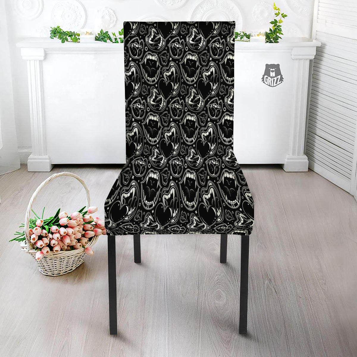 Vampire Mouth Black and White Print Pattern Dining Chair Slipcover-grizzshop