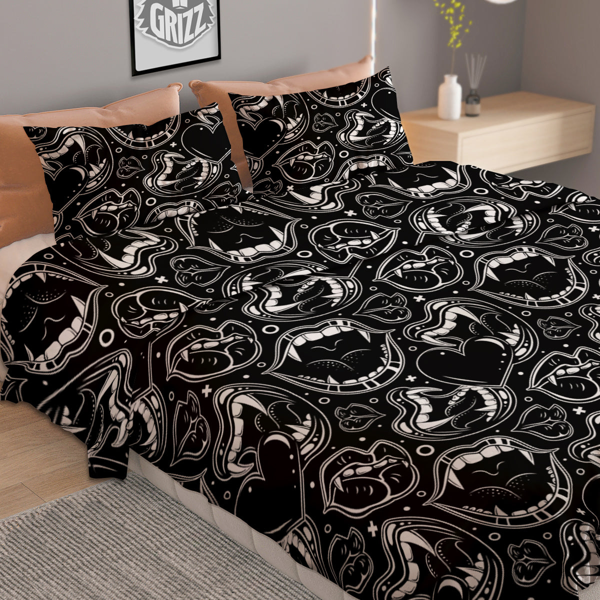 Vampire Mouth Black and White Print Pattern Duvet Cover Bedding Set