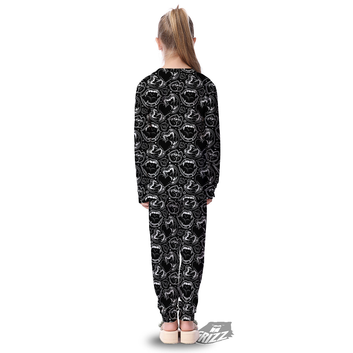 Vampire Mouth Black and White Print Pattern Kid's Pajamas-grizzshop
