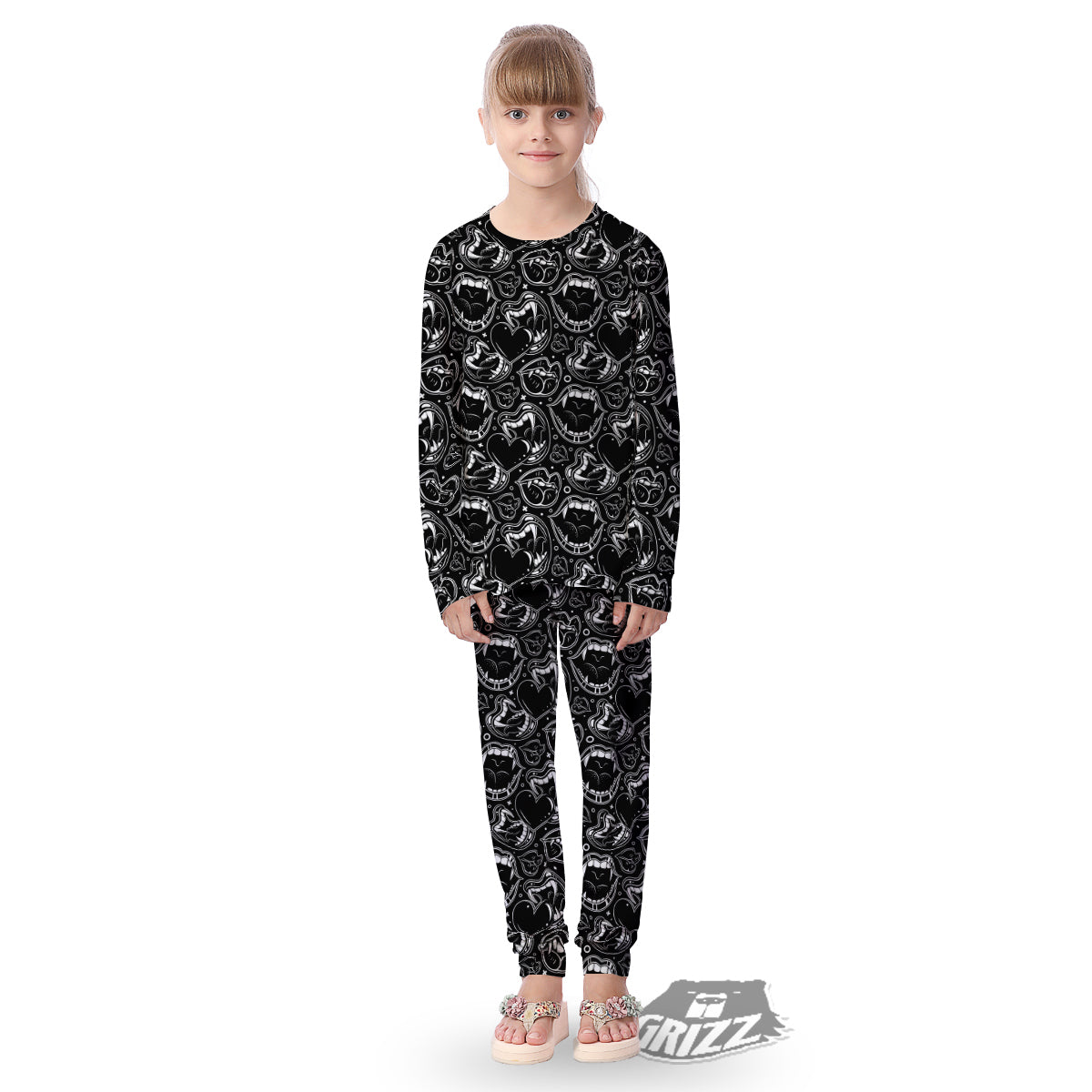 Vampire Mouth Black and White Print Pattern Kid's Pajamas-grizzshop