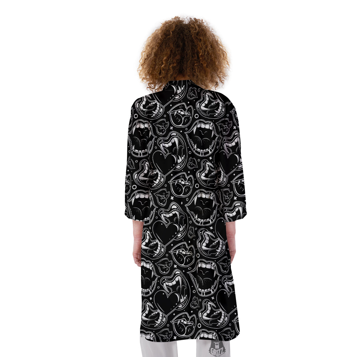 Vampire Mouth Black and White Print Pattern Kimono-grizzshop