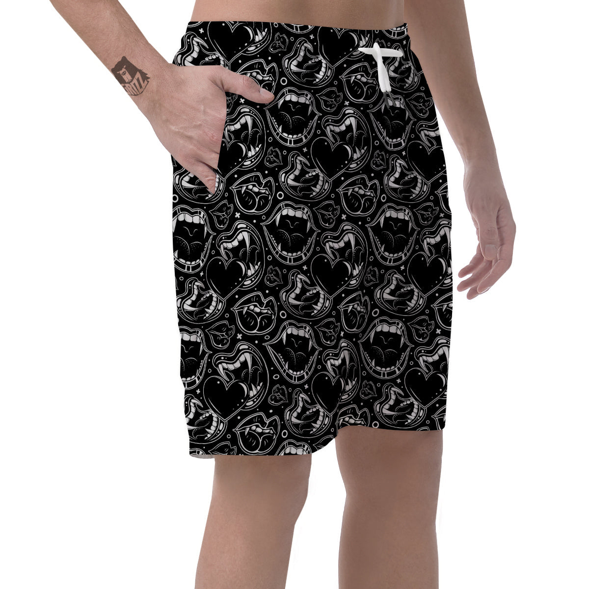 Vampire Mouth Black and White Print Pattern Men's Shorts-grizzshop