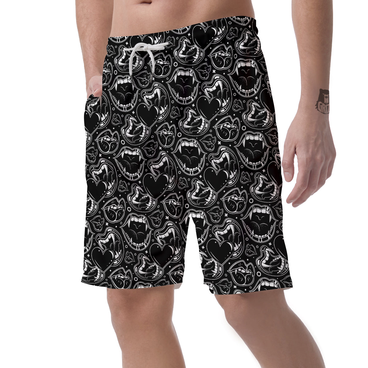 Vampire Mouth Black and White Print Pattern Men's Shorts-grizzshop