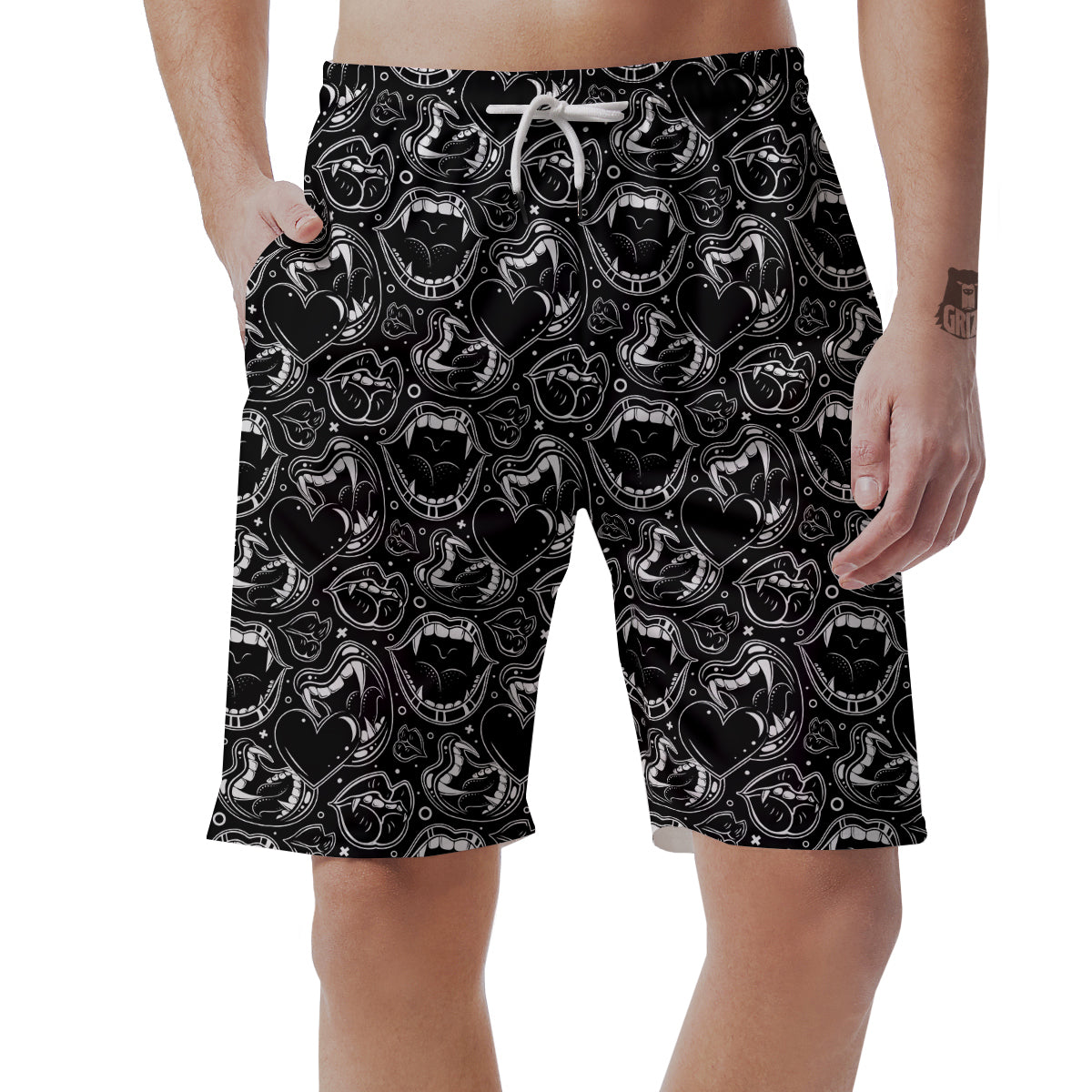 Vampire Mouth Black and White Print Pattern Men's Shorts-grizzshop