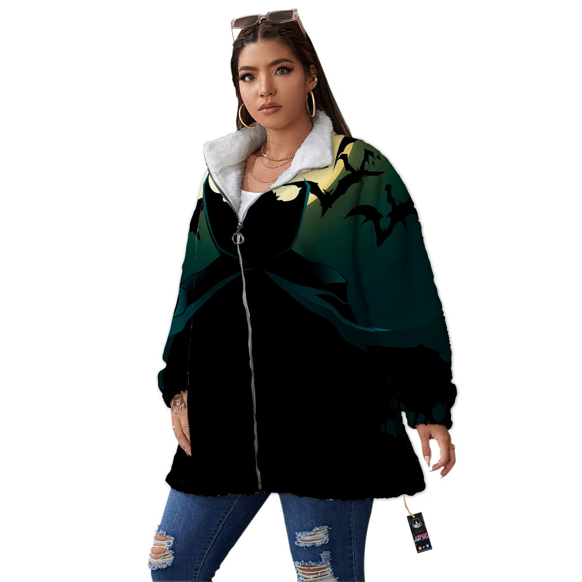 Vampire Silhouette Halloween Print Women's Sherpa Jacket-grizzshop