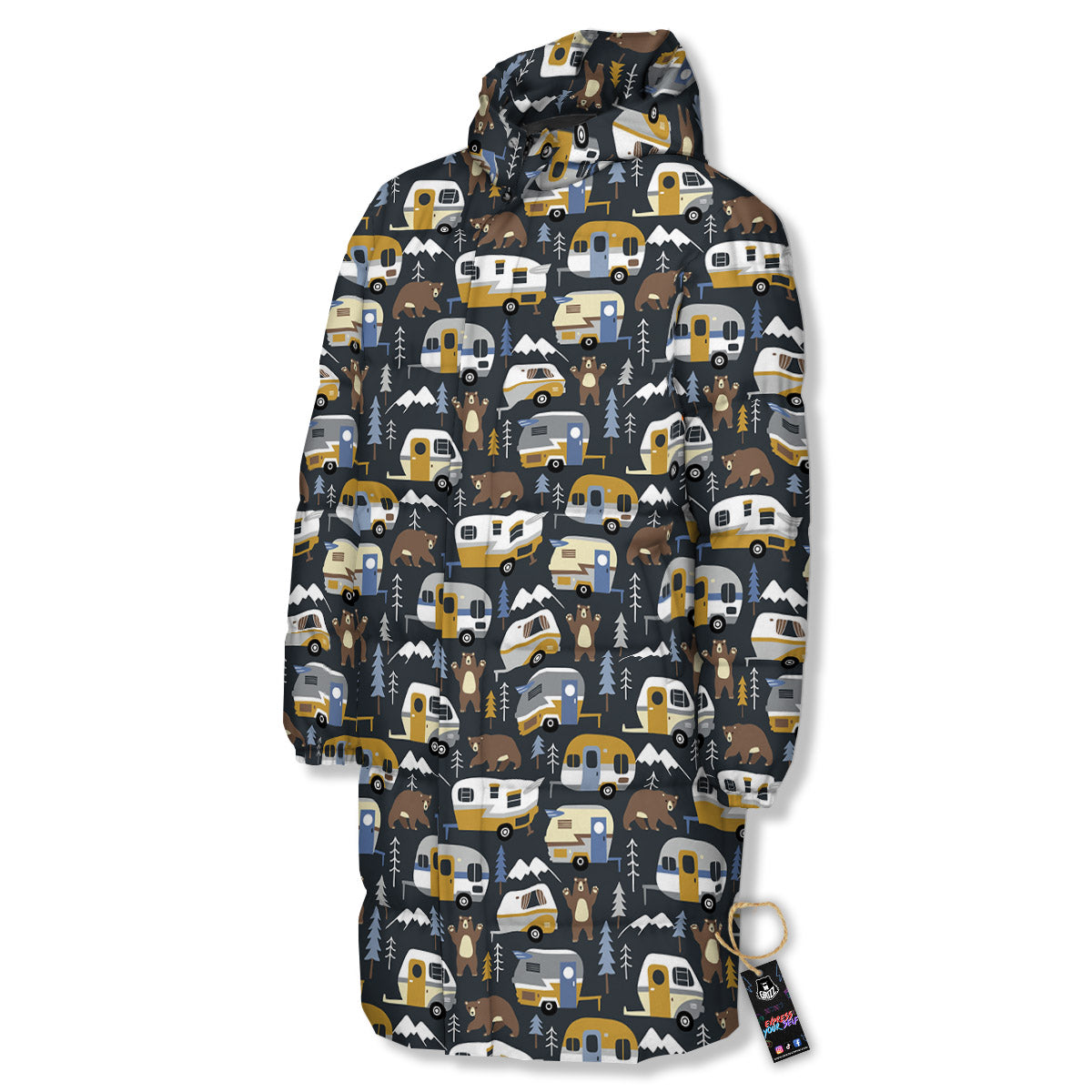 Van Camping Print Pattern Long Down Jacket-grizzshop