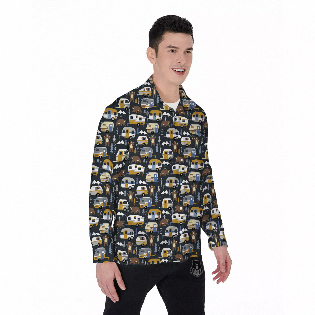 Van Camping Print Pattern Men's Long Sleeve Shirts-grizzshop