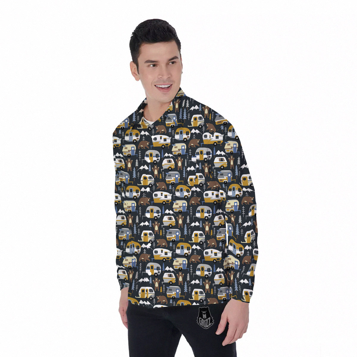 Van Camping Print Pattern Men's Long Sleeve Shirts-grizzshop