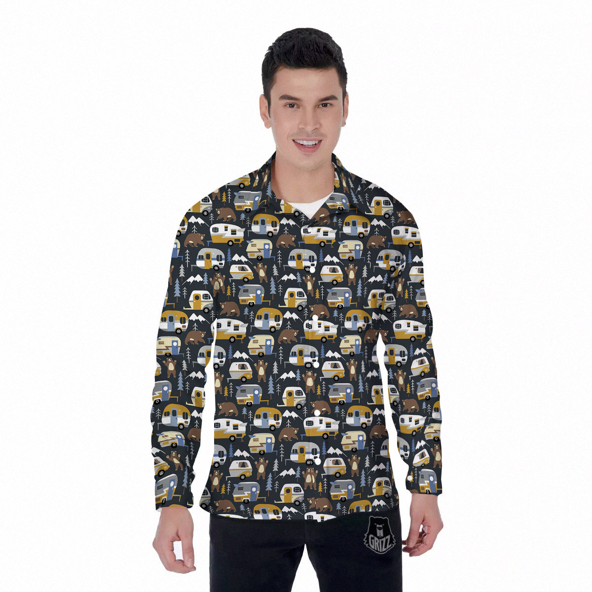 Van Camping Print Pattern Men's Long Sleeve Shirts-grizzshop