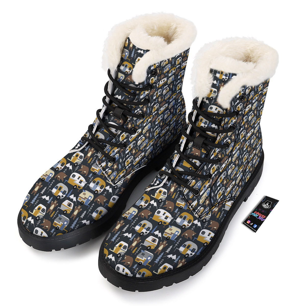 Van Camping Print Pattern Winter Boots-grizzshop