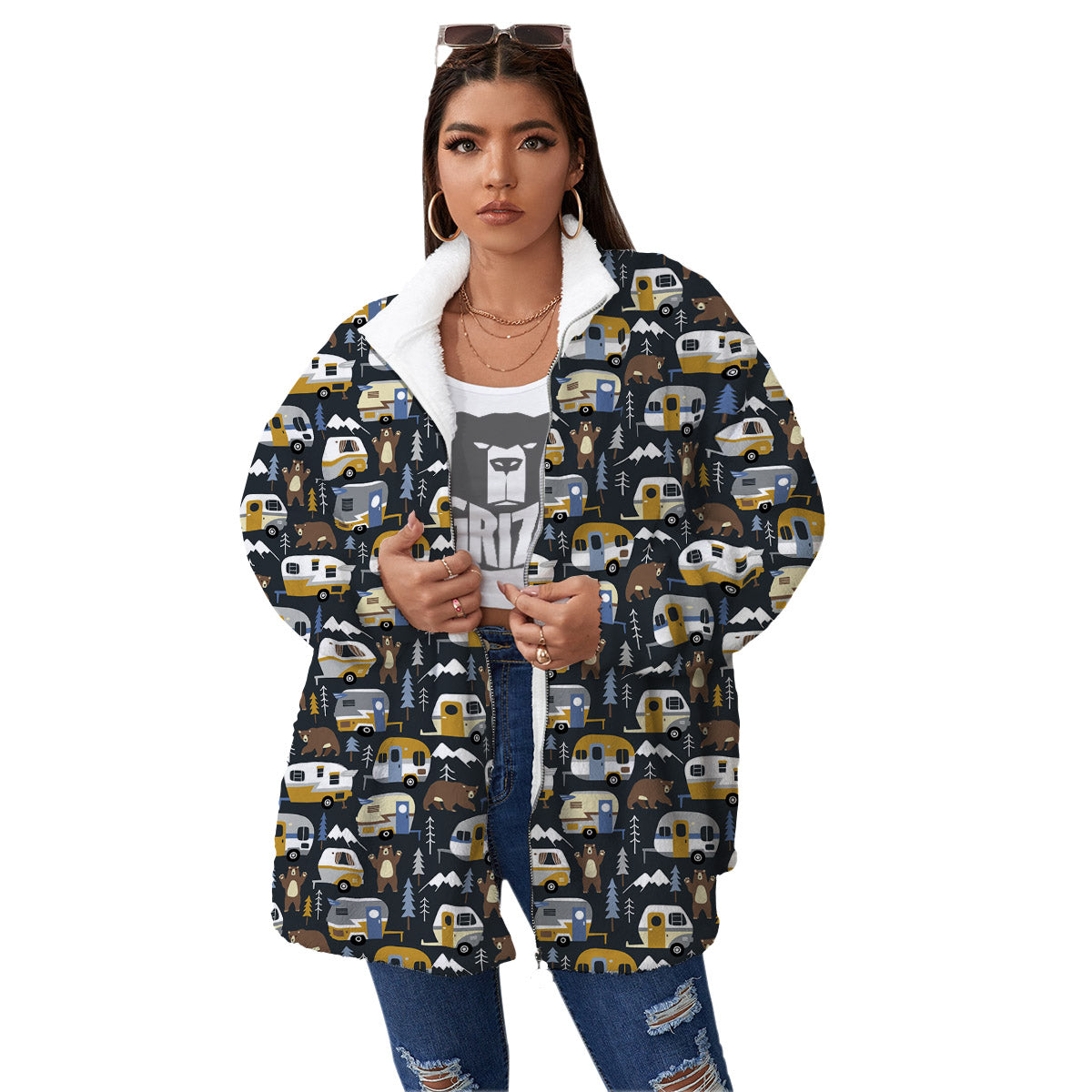 Van Camping Print Pattern Women's Sherpa Jacket-grizzshop
