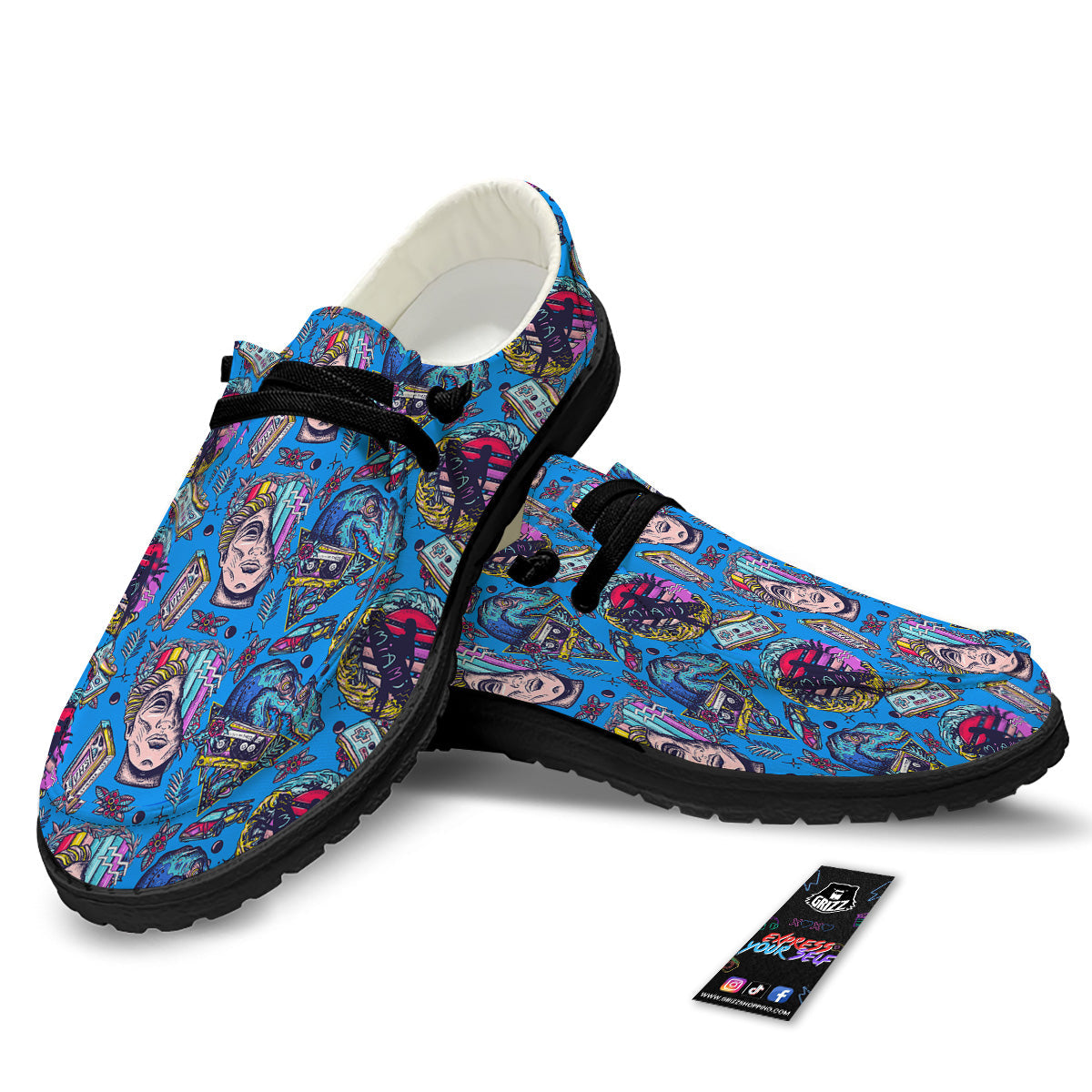Vaporwave Art Cyberpunk Print Pattern Black Loafers-grizzshop