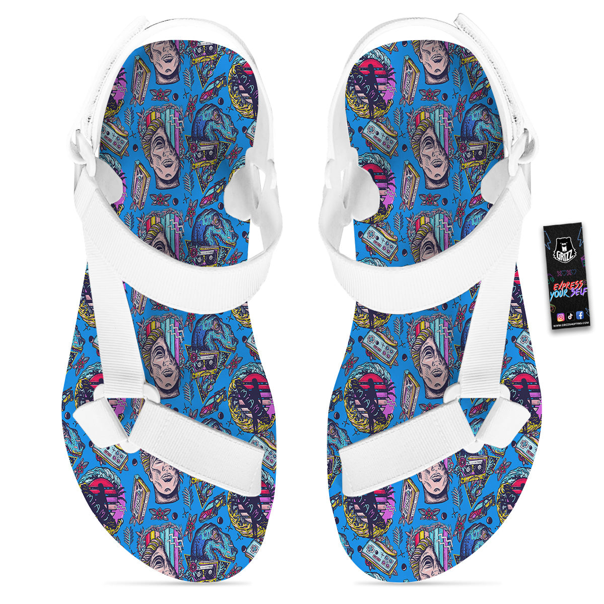 Vaporwave Art Cyberpunk Print Pattern White Open Toe Sandals-grizzshop