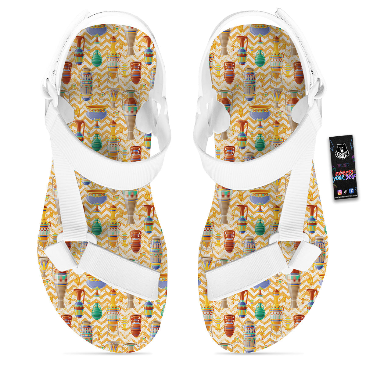 Vase And Pottery Ancient Egyptian Print Pattern White Open Toe Sandals-grizzshop