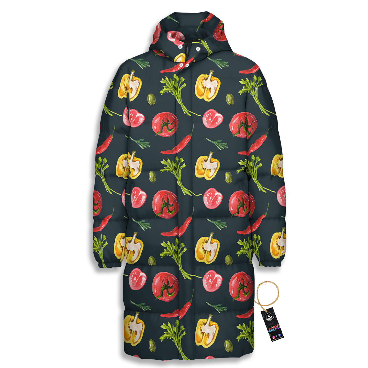 Vegan Watercolor Print Pattern Long Down Jacket-grizzshop