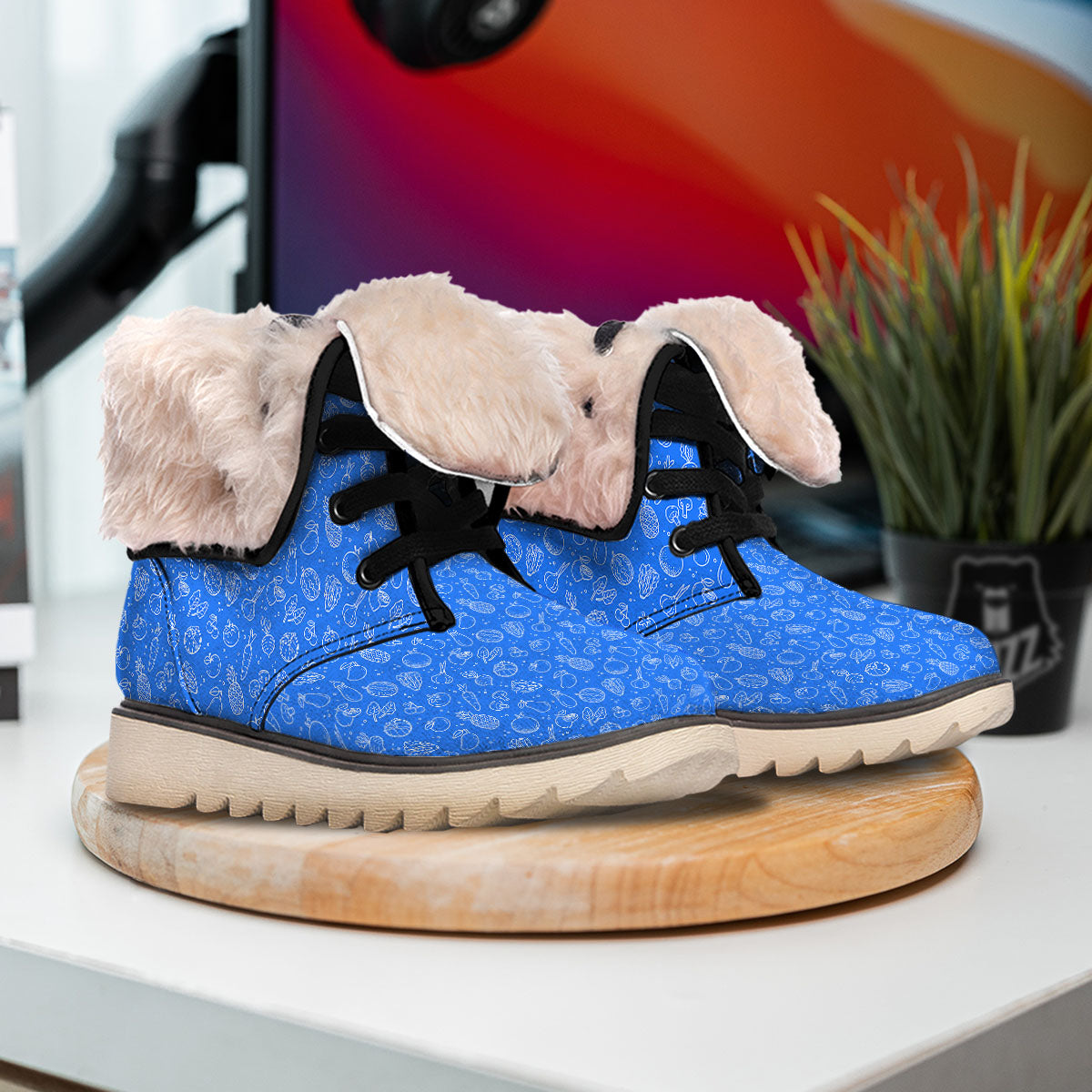 Vegan White And Blue Print Pattern Snow Boots-grizzshop