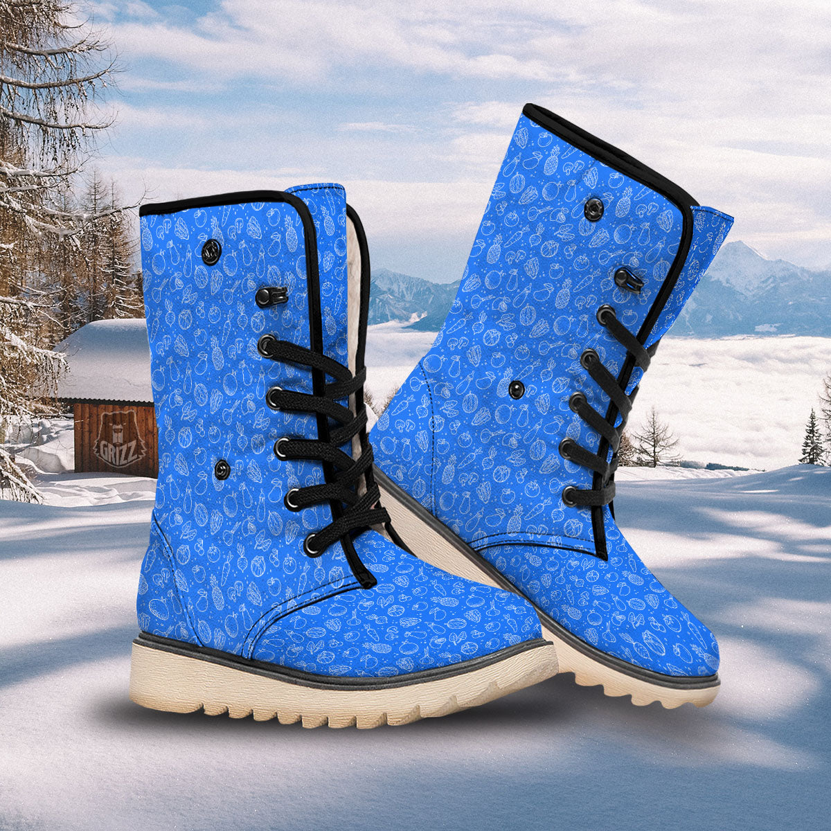 Vegan White And Blue Print Pattern Snow Boots-grizzshop