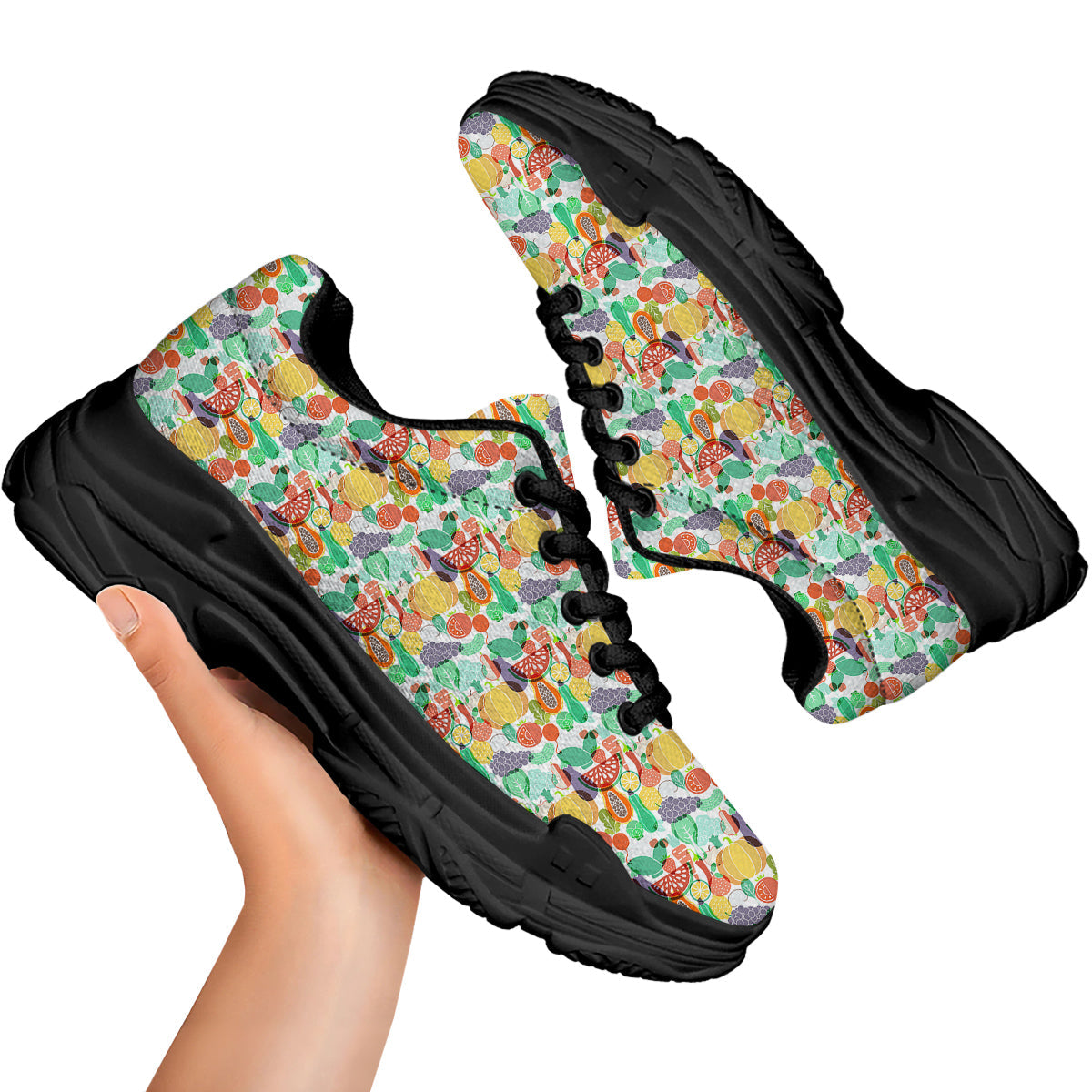 Vegetable Colorful Print Pattern Black Chunky Shoes-grizzshop