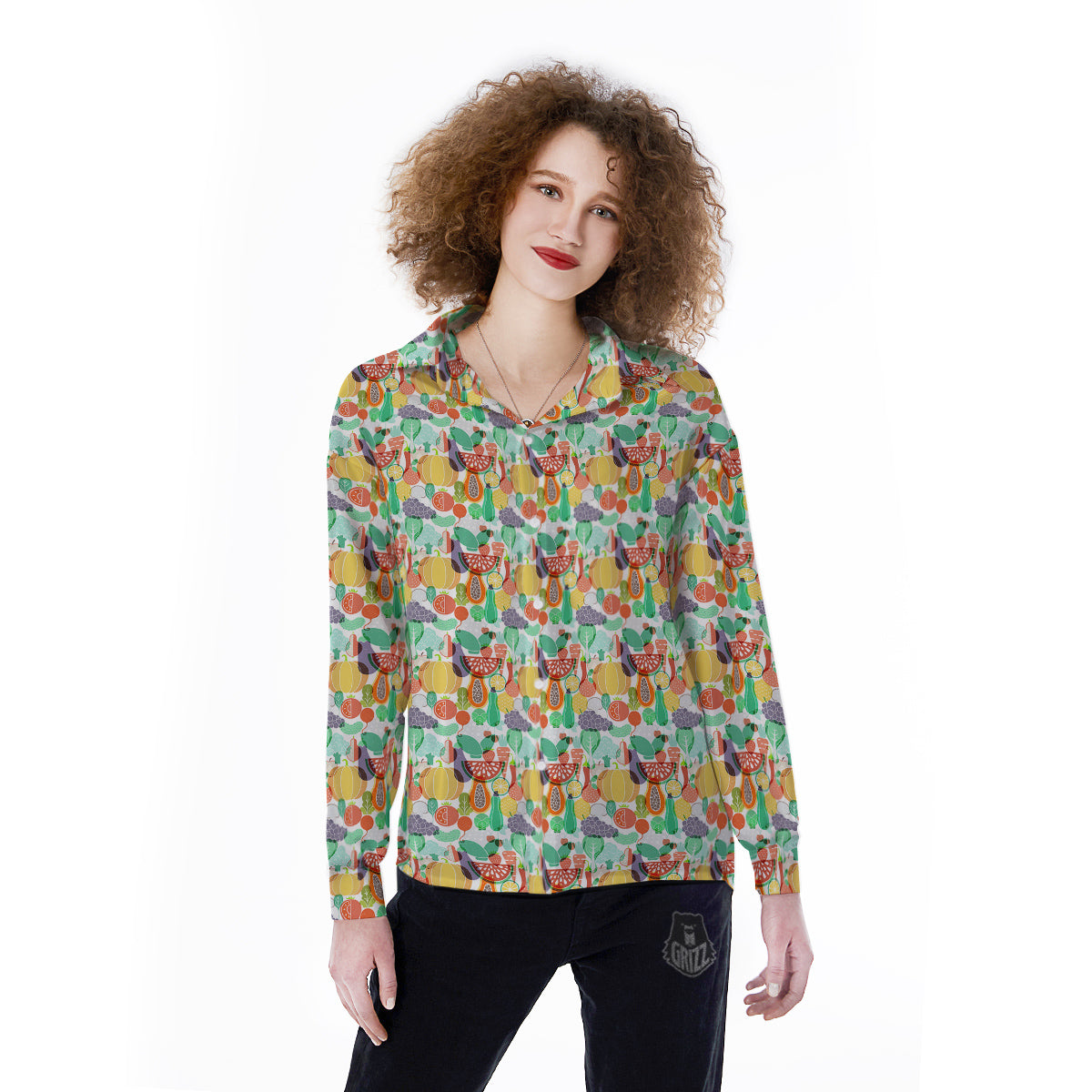 Vegetable Colorful Print Pattern Women's Long Sleeve Shirts-grizzshop