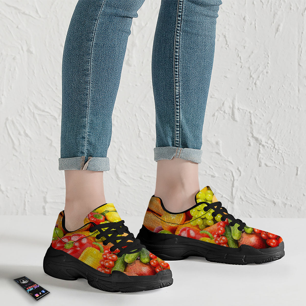 Vegetables And Fresh Fruits Print Black Chunky Shoes-grizzshop